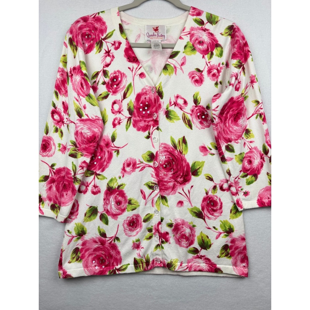 Quacker Factory Cardigan Womens XS Floral Print Sequin Accents V-Neck 3/4 Sleeve